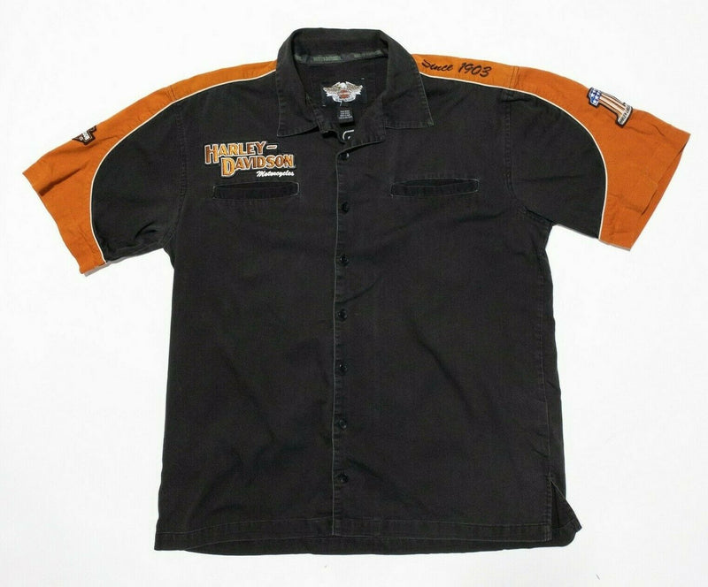 Harley-Davidson Button Shirt XL Men's Black Orange Garage Biker Mechanic Logo