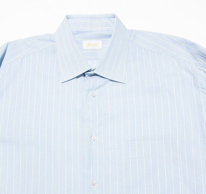 Brioni Shirt 17.5 Men's Light Blue Green Striped Long Sleeve Italy Designer