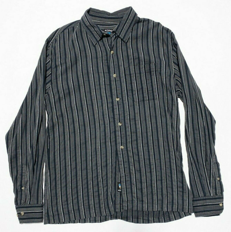 Kuhl Seersucker Gray Black Striped Button-Front Shirt Hiking Outdoor Men's Large