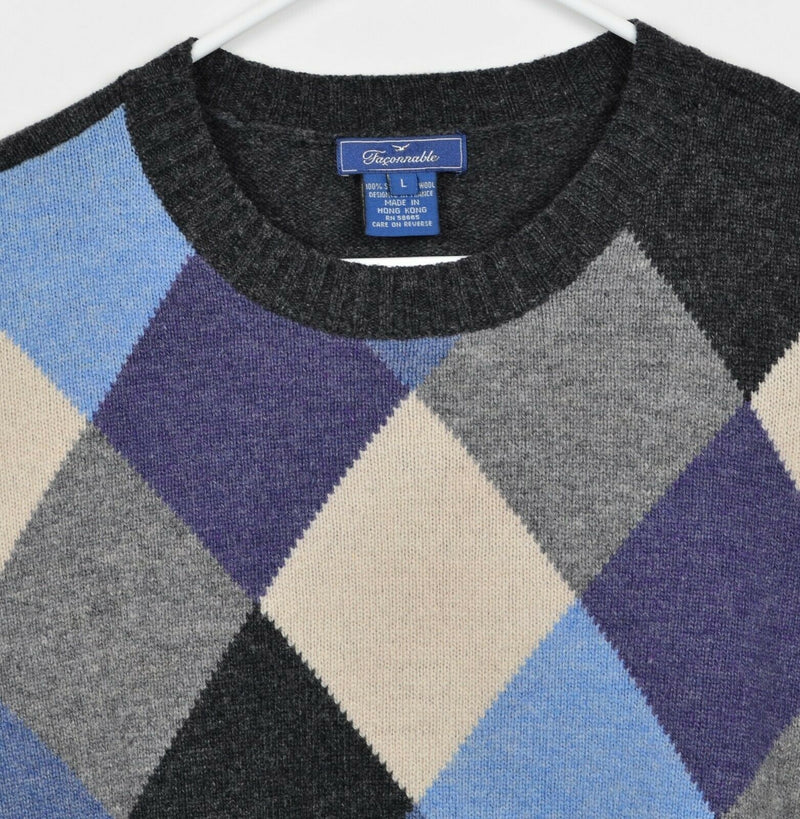 Faconnable Men's Sz Large 100% Shetland Wool Argyle Purple Gray Crewneck Sweater