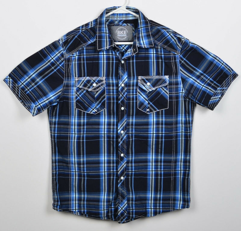 BKE Buckle Men's Medium Athletic Fit Pearl Blue Plaid Western Rockabilly Shirt