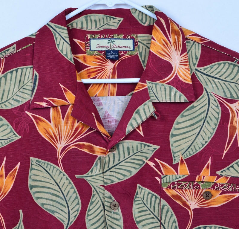 Tommy Bahama Men's Large 100% Silk Red Floral Palm Hawaiian Aloha Camp Shirt