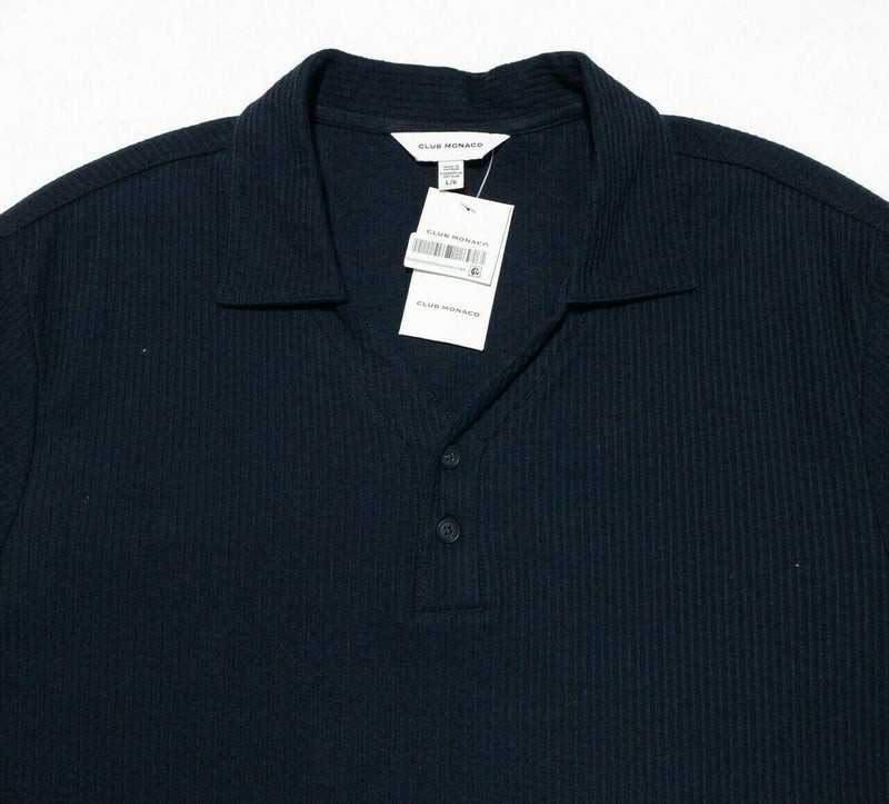 Club Monaco Split Neck Polo Shirt Large Men's Solid Navy Blue Short Sleeve