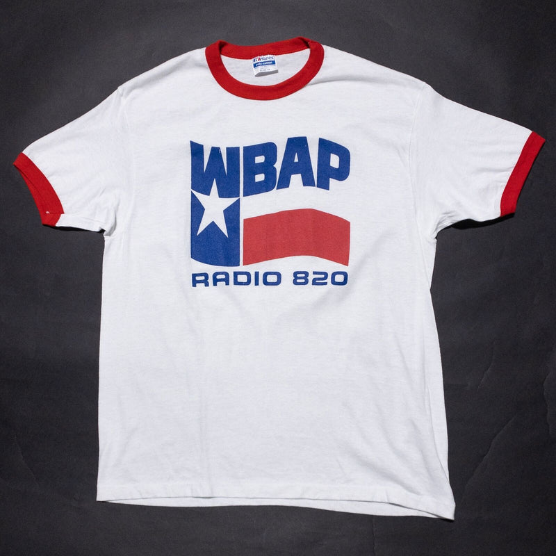 Vintage Radio Ringer T-Shirt Men's XL White Red WBAP 820 Dallas USA 80s