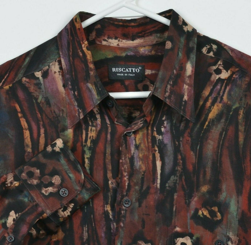 Riscatto Men's Large Abstract 100% Cupro Made in Italy Long Sleeve Camp Shirt