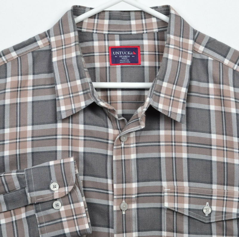 UNTUCKit Men's 2XL Slim Fit Gray Brown Plaid Long Sleeve Button-Front Shirt