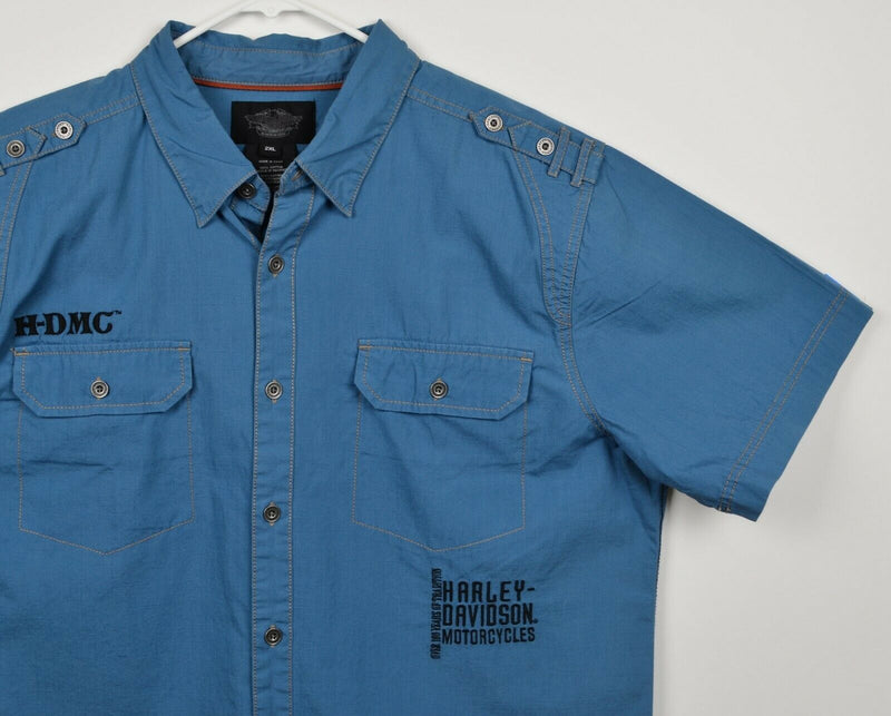 Harley-Davidson Men's Sz 2XL Blue Embroidered Garage Mechanic Biker Shirt