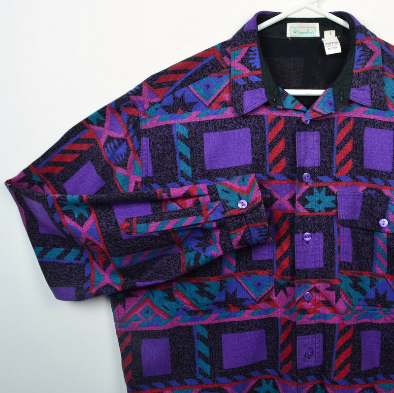 Benetton Men's Large Purple Pink Geometric Aztec Vintage USA Button-Front Shirt