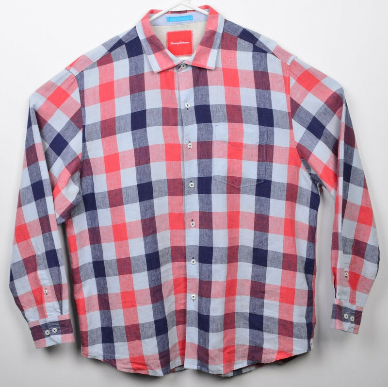 Tommy Bahama Men's XL 100% Linen Orange/Red Blue Buffalo Plaid Check Shirt