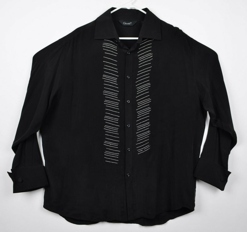 Genelli Men's Sz XL 100% Silk Black Embroidered Panel Bowling Camp Shirt