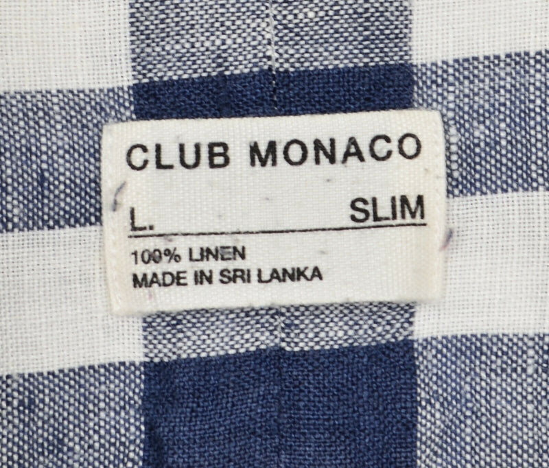 Club Monaco Men's Sz Large Slim Fit 100% Linen Blue White Buffalo Plaid Shirt