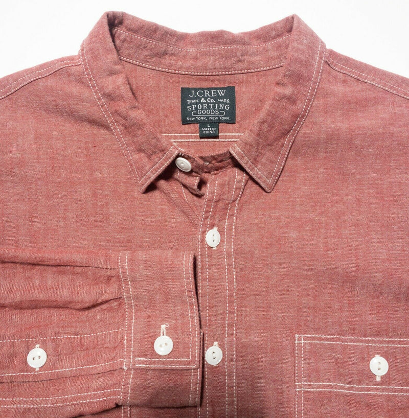 J. Crew Sporting Goods Red/Pink Chambray Shirt Cotton Linen Blend Men's Large