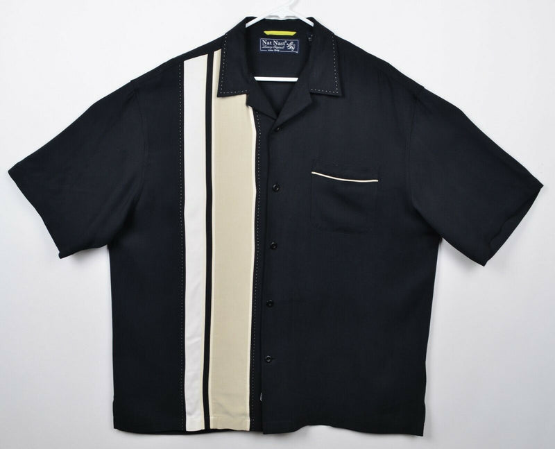 Nat Nast Men's Sz XL 100% Silk Black Panel Bowling Hawaiian Aloha Shirt