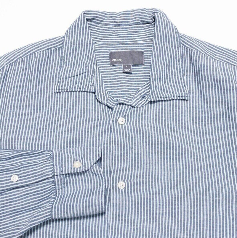 Vince Men's Shirt Large Long Sleeve Blue Striped Casual Modern Button-Front