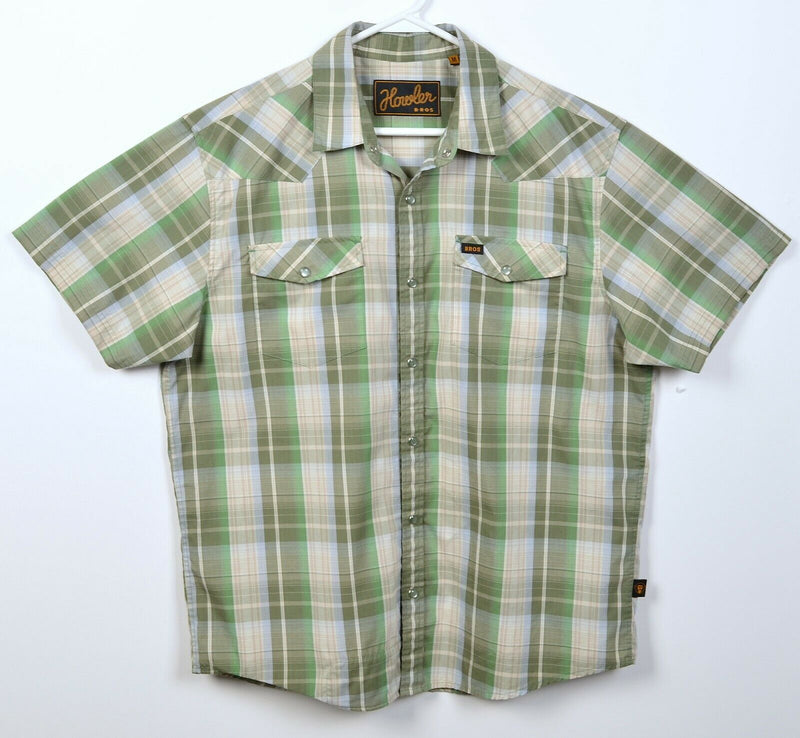 Howler Brothers Men's Medium Pearl Snap Green Plaid Western Rockabilly Shirt
