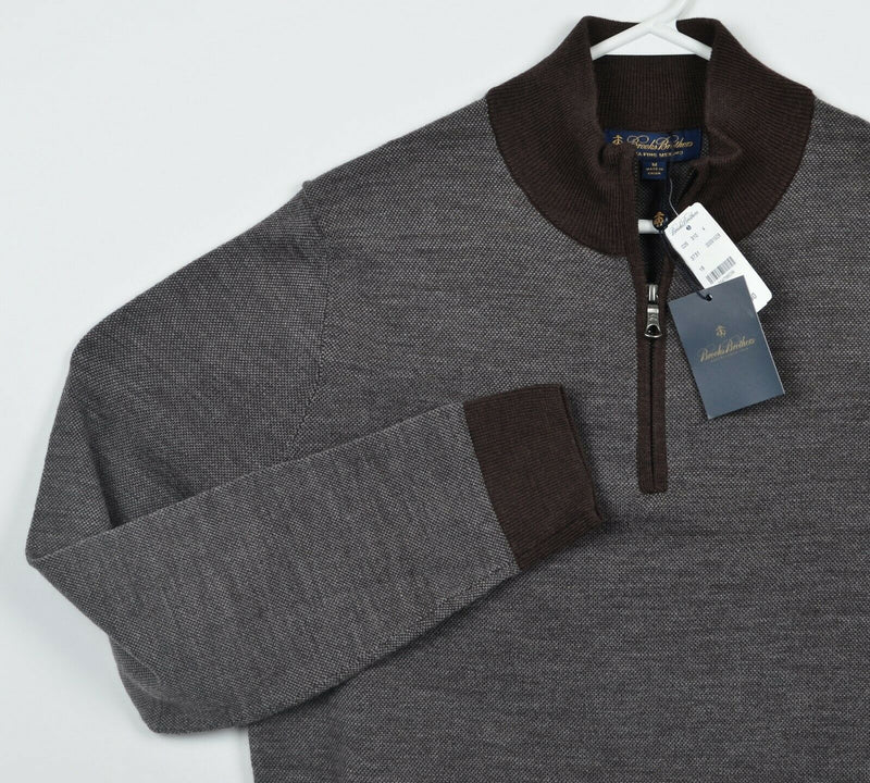 Brooks Brothers Men's Medium Merino Wool 1/4 Zip Brown Pullover Sweater $118