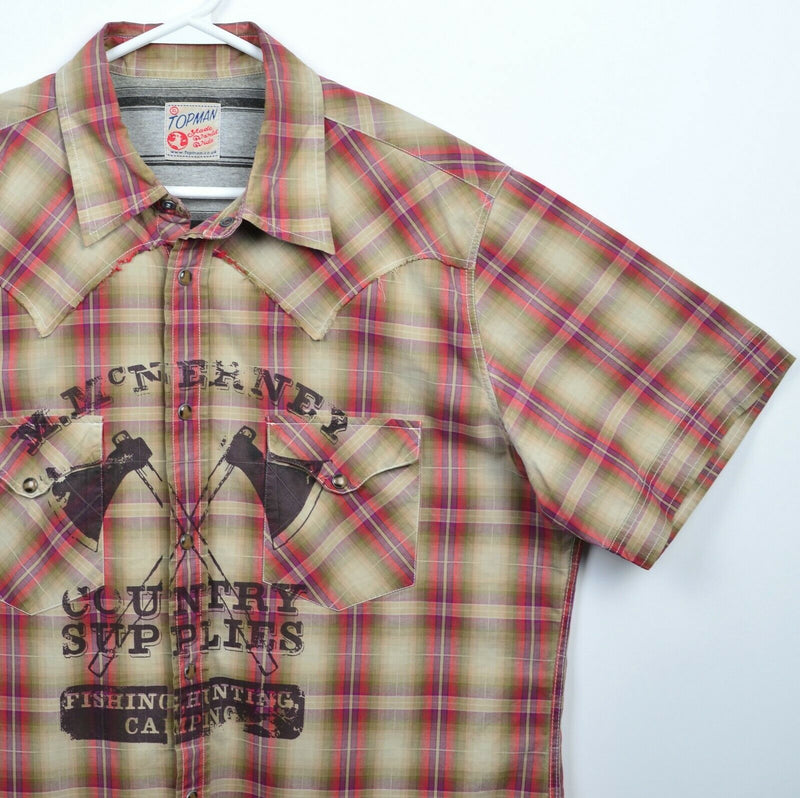 Topman Men's XL Pearl Snap Axes Graphic Country Suppliers Plaid Shirt