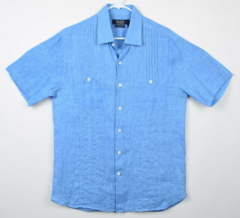 Nat Nast Men's Sz Medium American Fit 100% Linen Blue Ruffle Bowling Camp Shirt