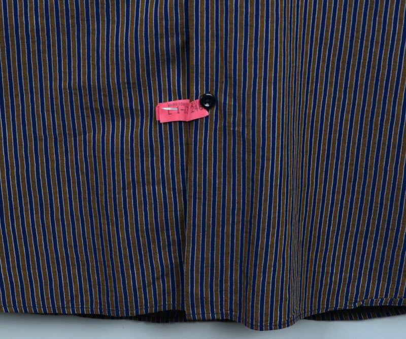 The Kooples Fitted Men's Large Cotton Linen Band Collar Blue Gold Striped Shirt