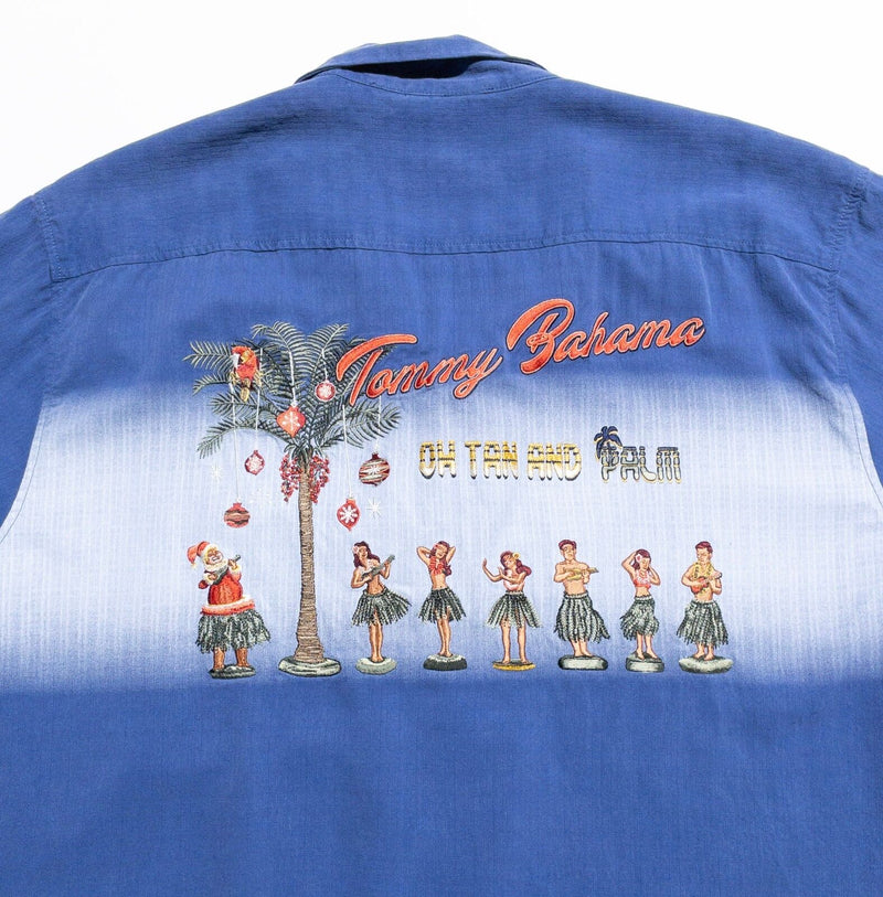 Tommy Bahama Embroidered Hawaiian Shirt Mens 2XL Oh Tan and Palm Christmas Santa