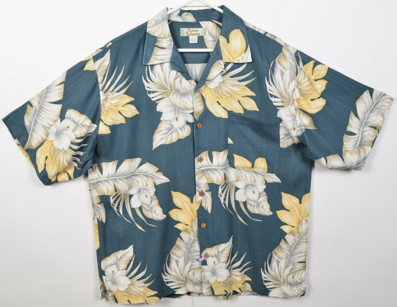 Tommy Bahama Men's Large 100% Silk Floral Green/Blue Hawaiian Aloha Shirt
