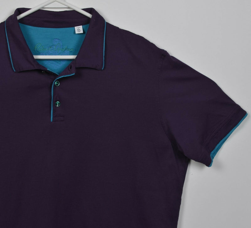 Robert Graham Men's XL Classic Fit Solid Purple Blue Trim Designer Polo Shirt