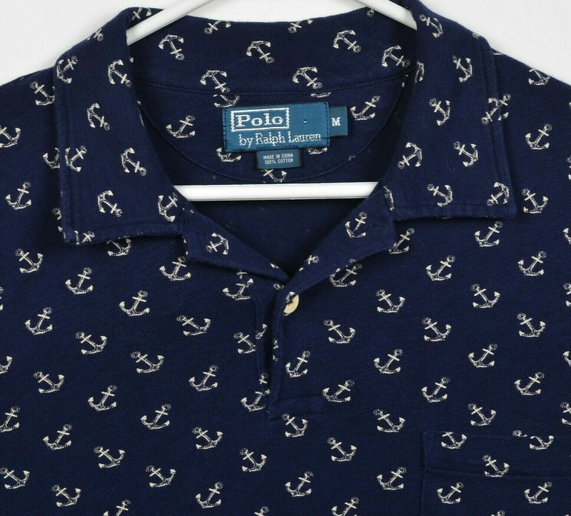 Polo Ralph Lauren Men's Medium Anchor Pattern Navy Blue Nautical Polo Shirt