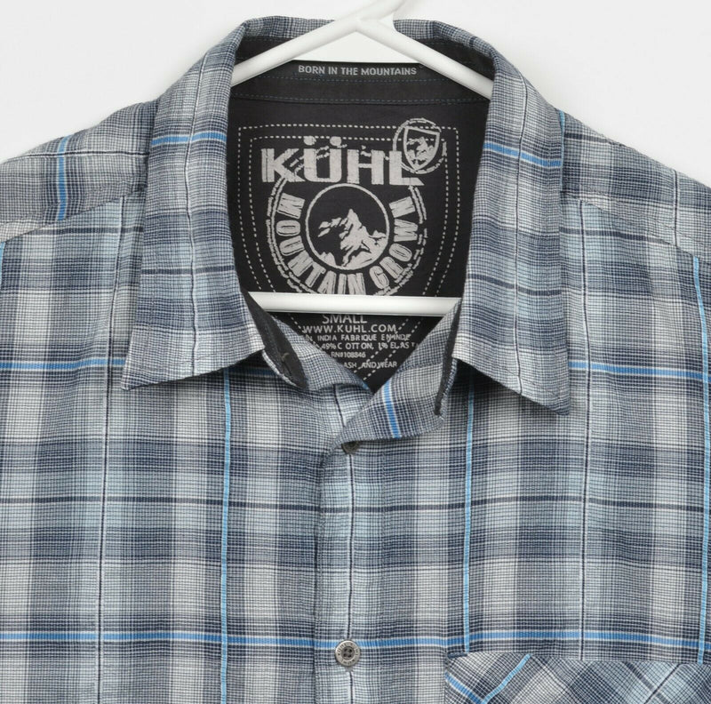 Kuhl Men's Small Blue Gray Plaid Hiking Polyester Cotton Button-Front Shirt