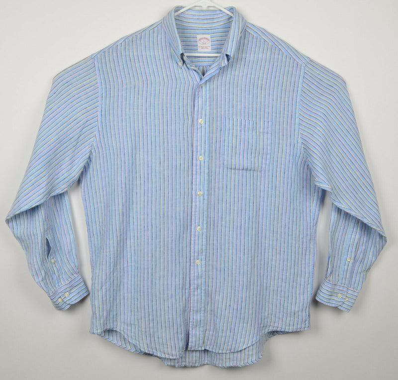 Brooks Brothers Men's Sz Large 100% Linen Blue Striped Long Sleeve Shirt