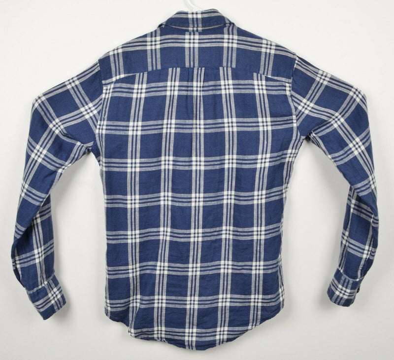 Bonobos Men's Sz XS Slim Fit 100% Linen Navy Blue Plaid Long Sleeve Shirt