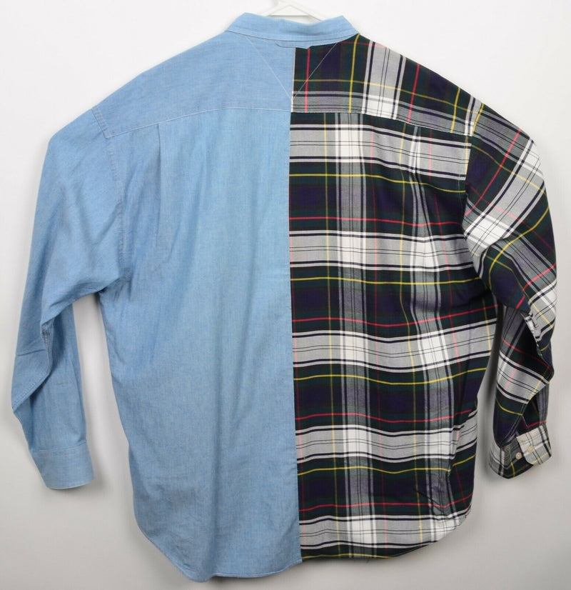 Tommy Hilfiger Men's XL Denim Plaid Lion Crest Re-Constructed 90s Vintage Shirt