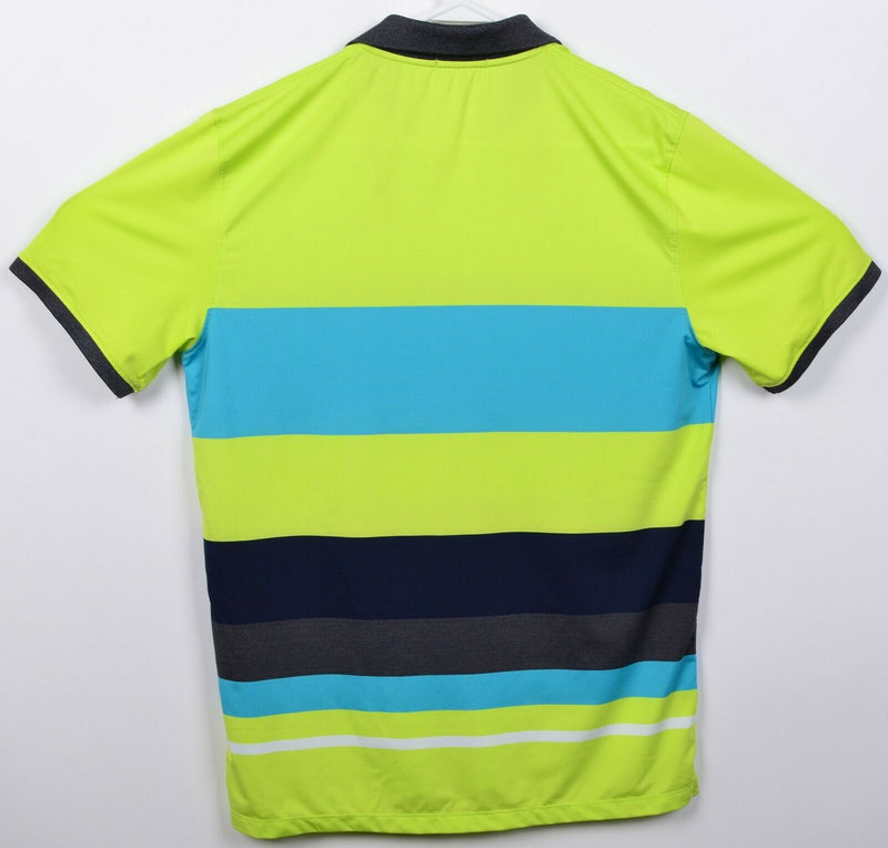 G/Fore Men's Medium Lime Green Blue Striped Polyester Wicking Golf Polo Shirt
