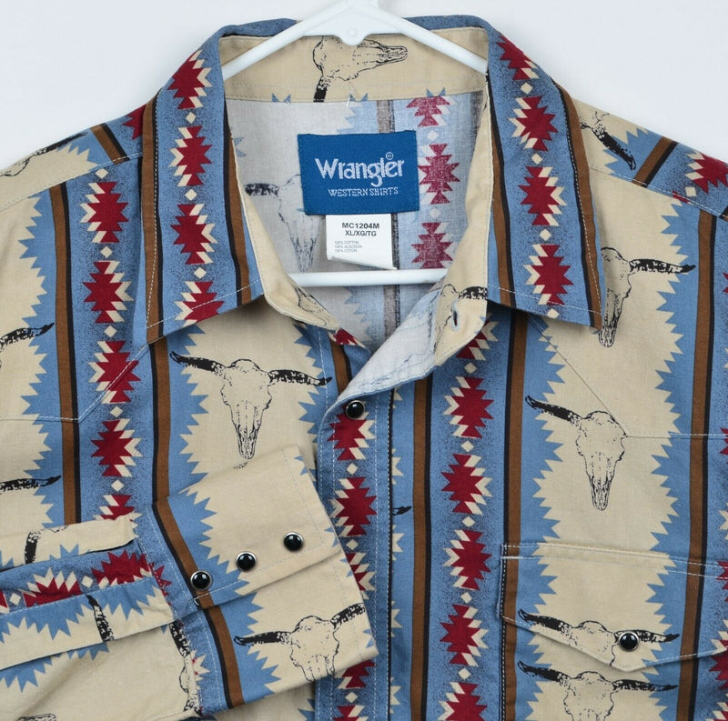 Wrangler Men's XL Pearl Snap Cattle Skull Aztec Geometric Pattern Western Shirt