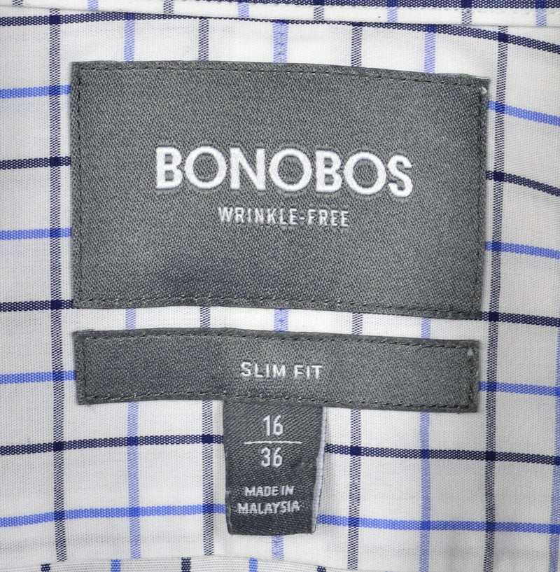 Bonobos Wrinkle-Free Men's 16/36 Slim Fit White Blue Graph Check Dress Shirt