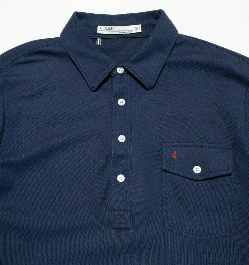 Criquet Long Sleeve Polo Shirt Pocket Solid Navy Blue Collared Men's Large