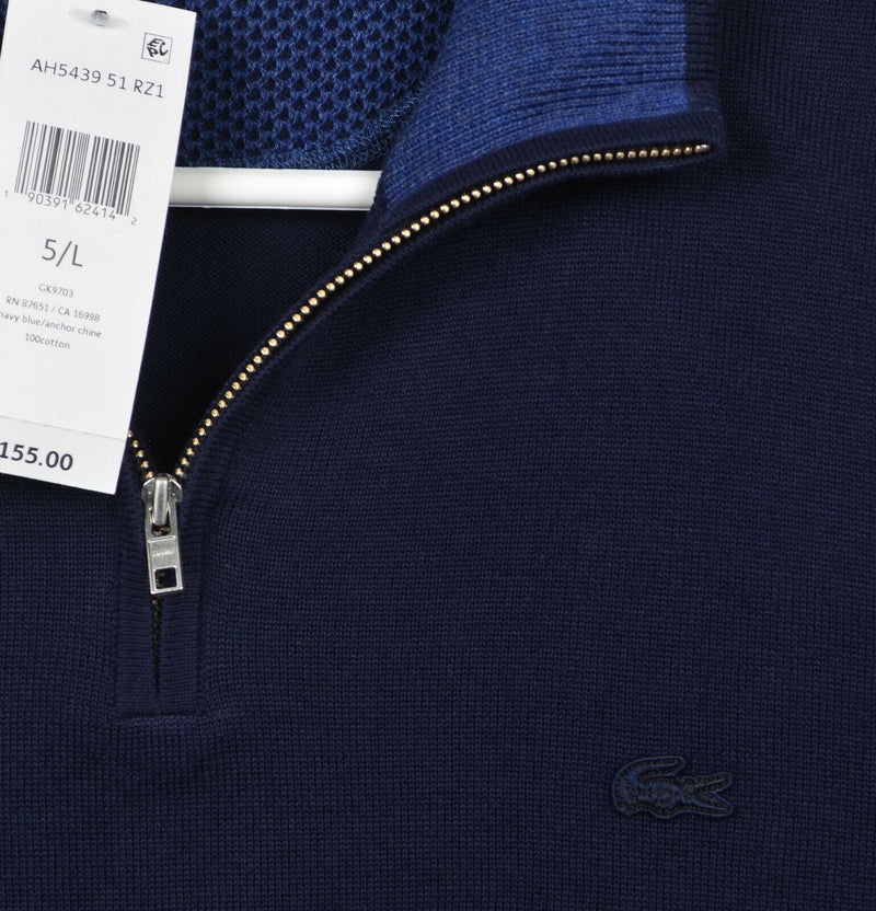 Lacoste Men's Large (5) Navy Blue Elbow Pads 1/4 Zip Pullover Sweater $155