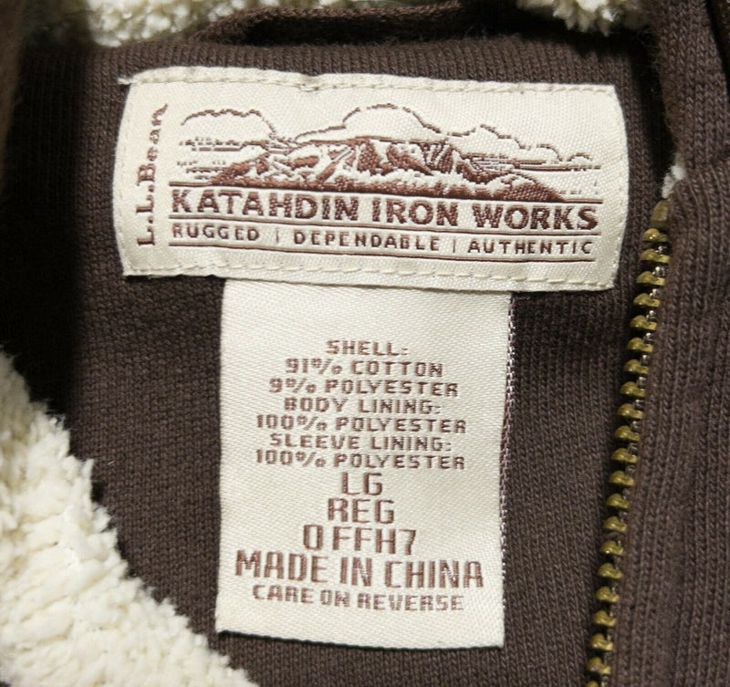 L.L. Bean Katahdin Iron Works Men Large Sherpa Lined Brown Zip Hooded Sweatshirt