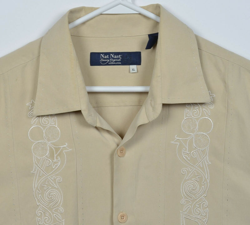 Nat Nast Men's XL100% Silk Beige Geometric Panel Hawaiian Bowling Retro Shirt