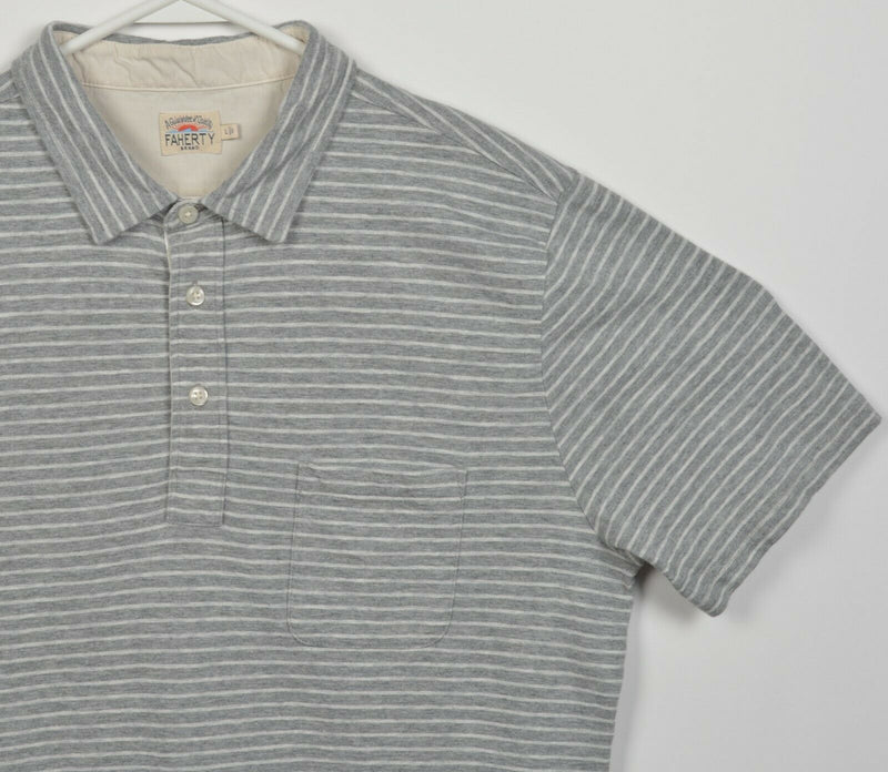 Faherty Brand Men's Large Gray Striped Short Sleeve Pocket Polo Shirt