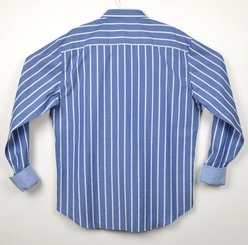 Bugatchi Men's Sz Large Shaped Fit Flip Cuff Blue Striped Button-Front Shirt