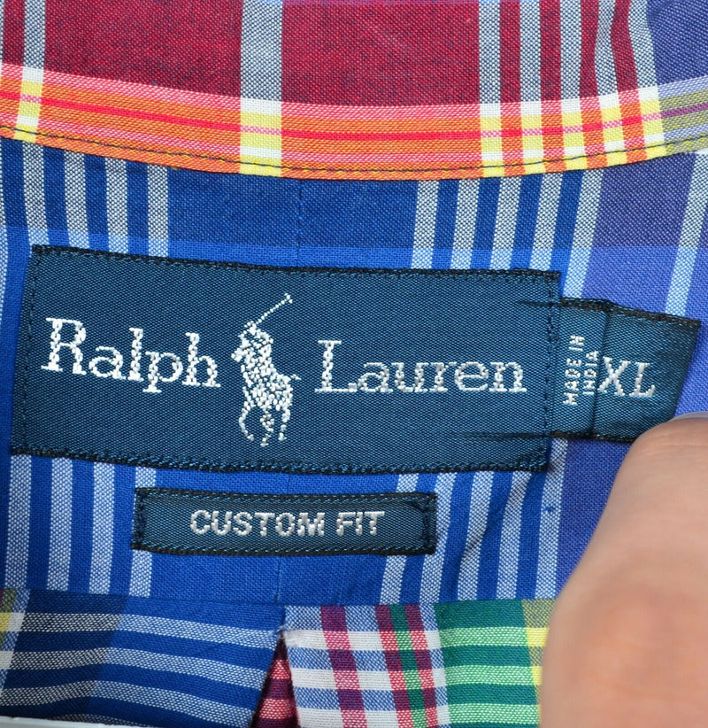 Polo Ralph Lauren Men XL Indian Madras Blue Red Colorful Plaid Button-Down Shirt