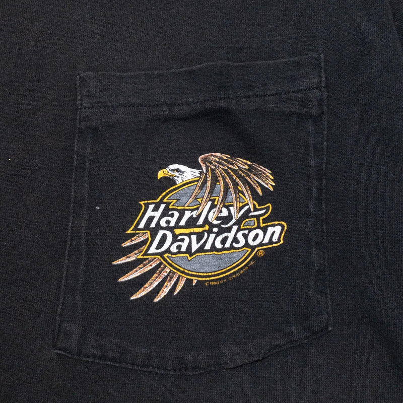 Vintage Harley-Davidson Pocket T-Shirt Fits Men's Small 90s Eagle Black Texas