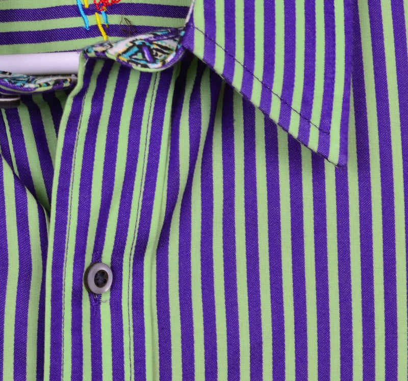 Robert Graham Men's Sz Medium Flip Cuff Lime Green Purple Striped Shirt