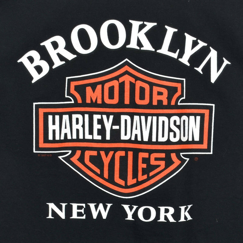 Vintage 90s Harley-Davidson Men's Small? Flame Bar Shield Logo Brooklyn T-Shirt