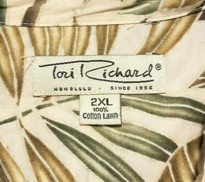 Tori Richard Hawaiian Shirt 2XL Men's Cotton Lawn Floral Palm Green Gold Aloha