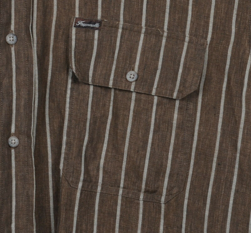 Vintage Faconnable Men's Large 100% Linen Brown Striped Albert Goldberg Shirt