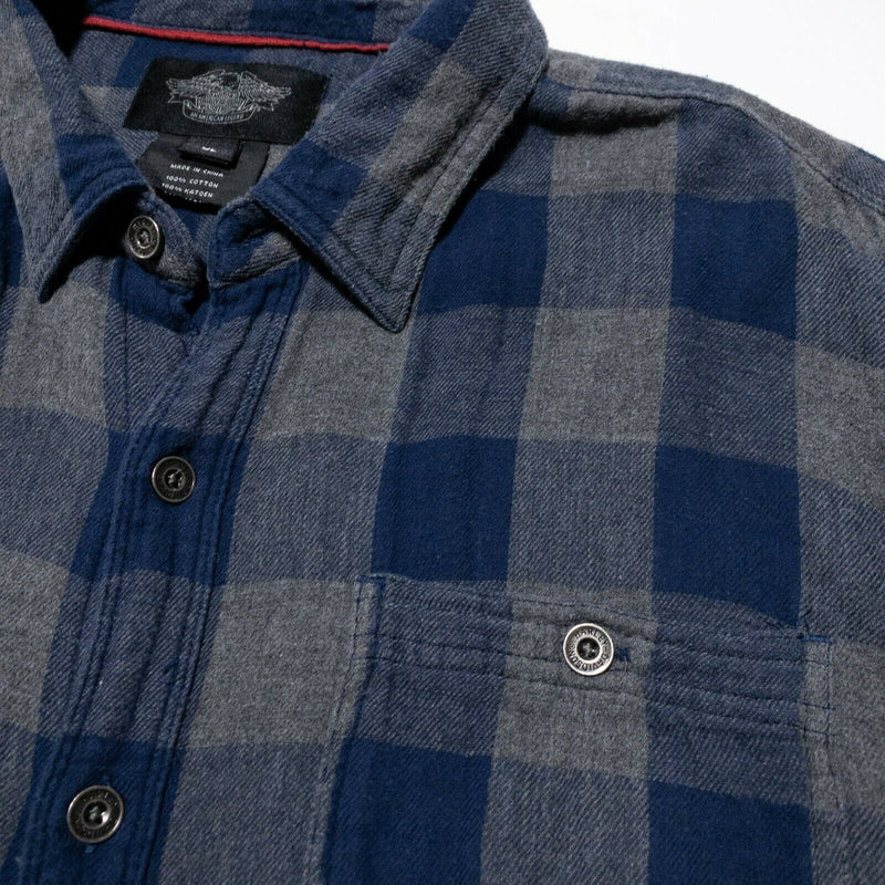 Harley-Davidson Flannel Shirt Blue Gray Plaid Biker Garage Chrome USA Men's XL