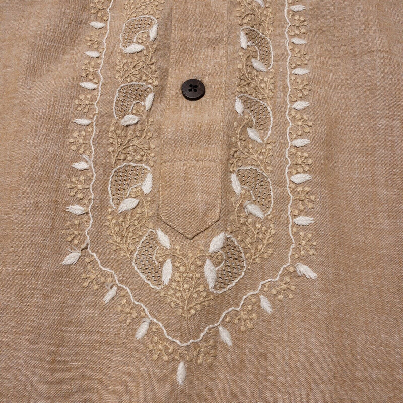 Fabindia Kurta Long Men's 42 Long Sleeve Embroidered Cotton Brown Woven