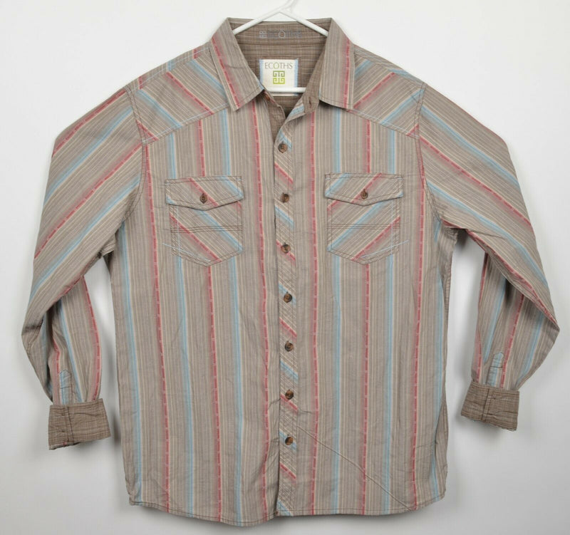 Ecoths Men's XL Organic Cotton Gray Red Striped Long Sleeve Button-Front Shirt