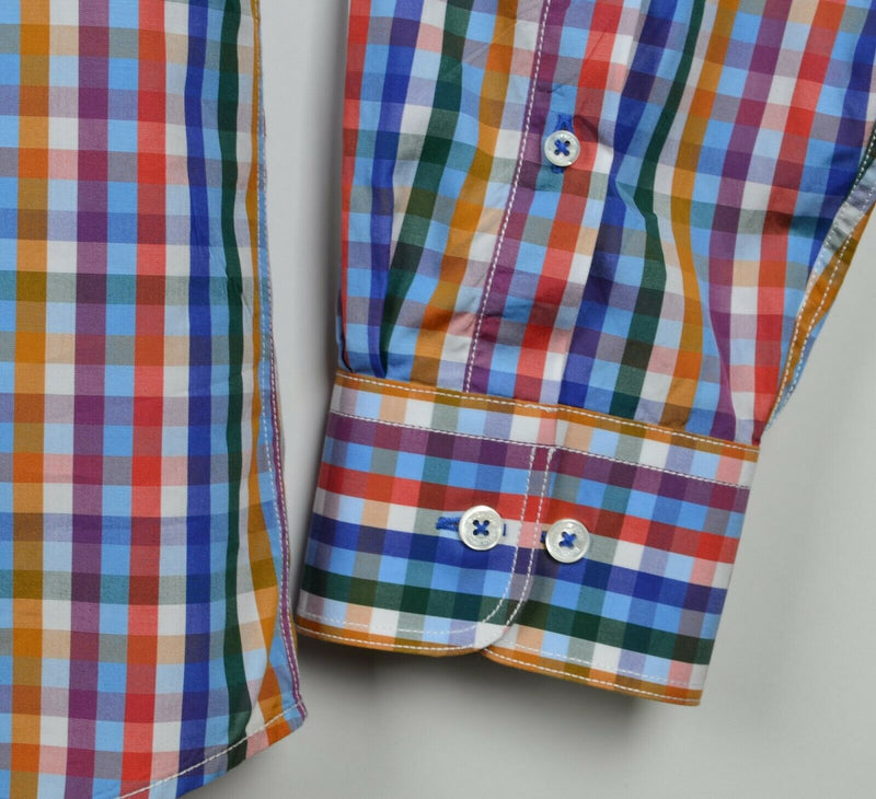 Bugatchi Uomo Men's 2XL Flip Cuff Multicolor Check Colorful Casual Dress Shirt